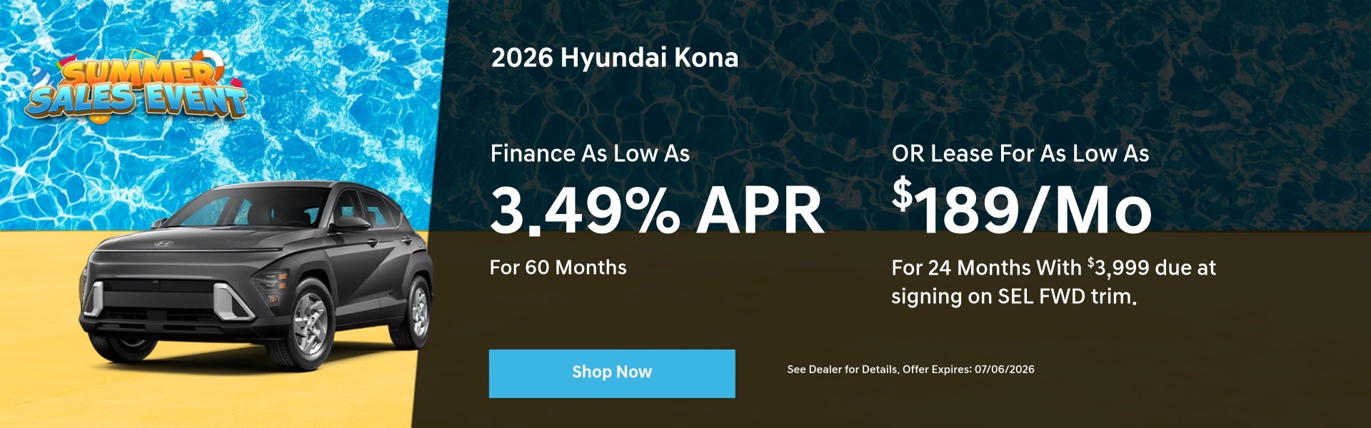 Summer Sales Event with lease & finance offer for 2026 Kona