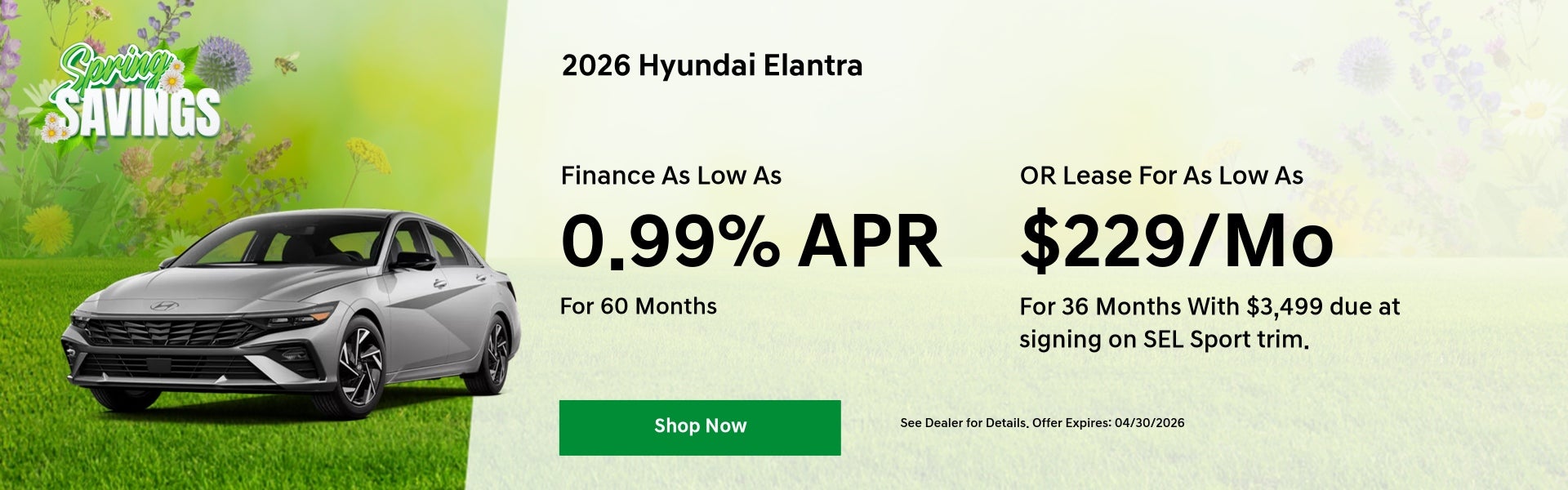 A 0.99% APR offer & $229/mo lease offer for 2026 Elantra