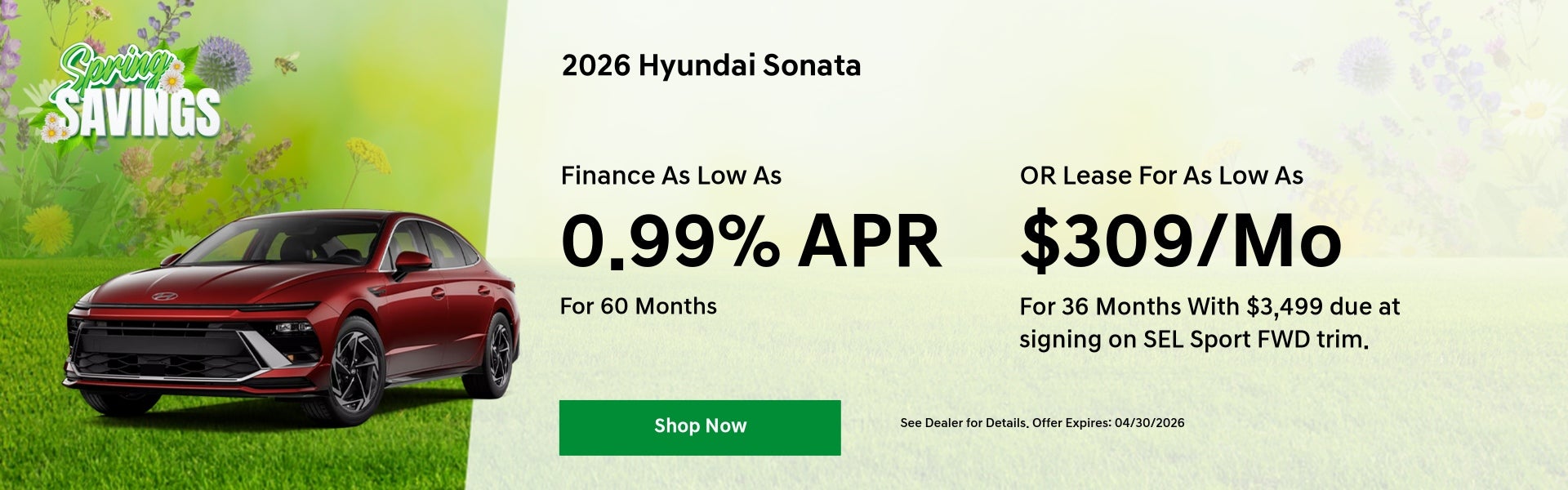 A 0.99% APR offer & $309/mo lease offer for 2026 Sonata