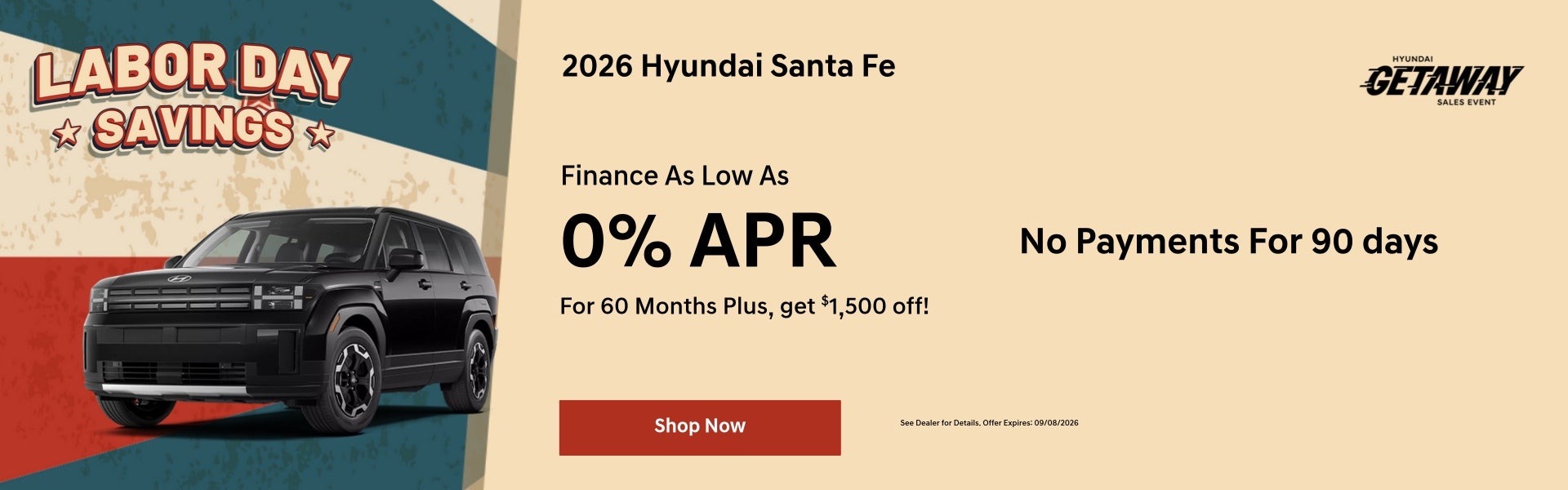 A Labor Day theme offer for 0% APR on a Santa Fe