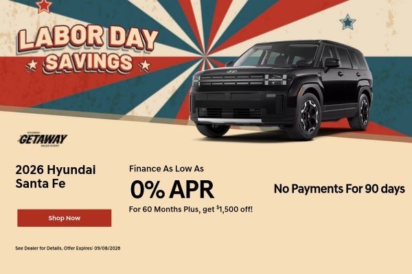 A Labor Day theme offer for 0% APR on a Santa Fe